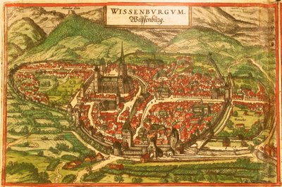 Wissembourg, Valkoinen linna, Alsace tekijältä Georg and Hogenberg Franz (1535 90) Braun