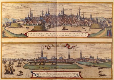 Lyypekin kaupungin yläkuvassa, Hampurin kaupungin alapuolella Saksassa. Kaiverrus Braunin ja Hogenbergin atlasista vuodelta 1572 tekijältä Georg Braun and Hogenberg Franz