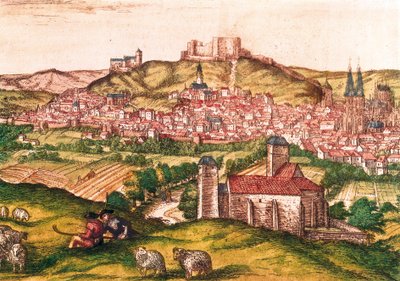 Burgosin kaupunki Espanjassa paimenet ja lammaslauma etualalla (1576). Kaiverrus Civitatis Orbis Terrarumissa, tekijältä Georg Braun and Hogenberg Franz