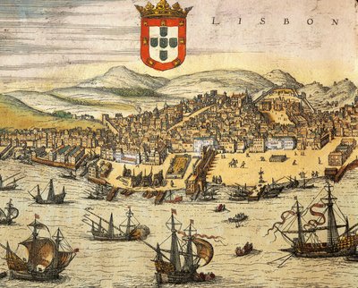 Lissabonin kaupungin kartta, Georg Braunin ja Franz Hogenbergin Civitates Orbis Terrarumista, kaiverrus tekijältä Georg Braun and Hogenberg Franz
