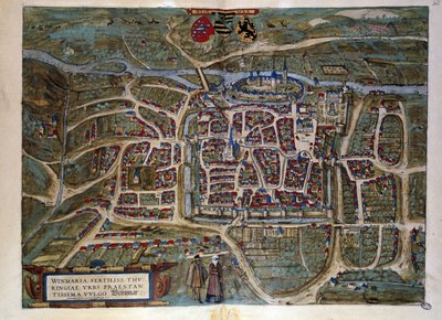 Kartta Saksan Weimarin kaupungista. Kaiverrus "Braunin ja Hogenbergin" atlasista vuodelta 1572 tekijältä Georg Braun and Hogenberg Franz