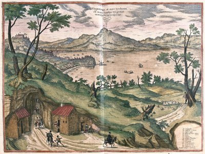 Napolinlahti ja Vesuve, Italia, vuonna 1579 (kaiverrus tekijältä Georg Braun and Hogenberg Franz