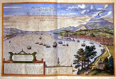 Messinan salmi - Calabria on vasemmalla, kun taas Messina ja Etna ovat oikealla Sisiliassa. Atlas de Braun ja Hogenberg tekijältä Georg Braun and Hogenberg Franz