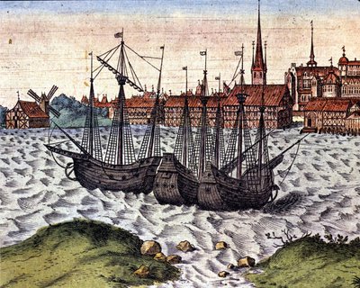 Lyypekin satama Braunin ja Hogenbergin Theatrum Orbis Terrarumin jälkeen. 17. vuosisata. tekijältä Georg Braun and Hogenberg Franz
