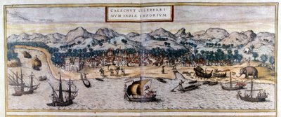 Näkymä Kozhikodeen tai Calicutiin Intiassa Braun & Hogenbergin Civitates Orbis Terrarum -atlasista tekijältä Georg Braun and Hogenberg Franz