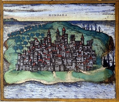 Näkymä Mombasaan tai Mombassaan, Keniaan 1500-luvulla, jolloin portugalilaiset miehittivät kaupungin Braunin ja Hogenbergin Atlas "Civitates Orbis Terrarum" jälkeen tekijältä Georg Braun and Hogenberg Franz