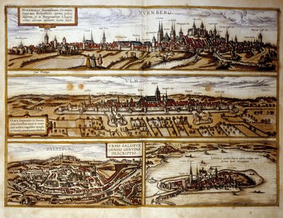 Näkymä Saksan kaupungeista Nürnbergistä ja Ulmista, Salzburgista, Itävallasta. Kaiverrus "Braunin ja Hogenbergin" atlasista vuodelta 1572 tekijältä Georg Braun and Hogenberg Franz