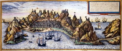 Näkymä Adenin kaupunkiin Jemenissä Braun & Hogenbergin Civitates Orbis Terrarum -atlasista tekijältä Georg Braun and Hogenberg Franz