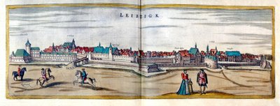 Näkymä Leipzigin kaupunkiin Saksassa. Kaiverrus "Braunin ja Hogenbergin" atlasista 1600-luvun alusta tekijältä Georg Braun and Hogenberg Franz