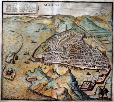 Näkymä Marseillen kaupunkiin katukartalla. Kaiverrus Atlas de Braunista ja Hogenbergistä 1572 Marseille, Musee de la Marine tekijältä Georg Braun and Hogenberg Franz