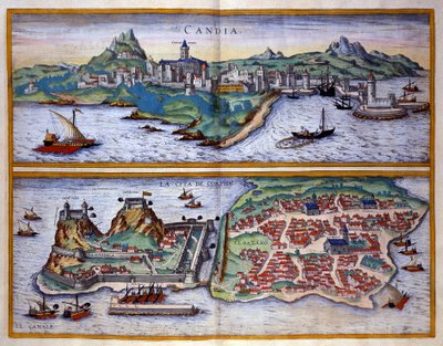 Näkymä Candien satamasta (nykyinen Heraklion) Kreetalla ja Korfun satamasta Kreikassa George Braunin kaiverrus "" Civitatis Orbis Terrarum""" Osa I kirjoittanut Franz Hogenberg (1535-1590) tekijältä Georg Braun and Hogenberg Franz