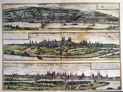 Näkymät kolmesta Saksan kaupungista: Heidelberg, Spire, Worms. Braunin ja Hogenbergin atlas. 1550. tekijältä Georg Braun and Hogenberg Franz