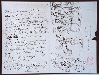 Fonds Lovenjoul E858 Ms 937 1,219 George Sandin (1804-76) kirje Revue des Deux Mondes -lehden toimittajalle Francois Bulozille, jossa pyydetään maksua ja kirjailijan sarjakuva, joka näyttää itsensä velkojien ympäröimänä tekijältä George Sand