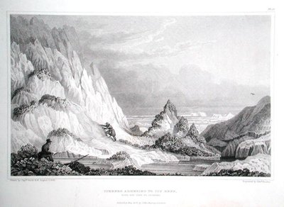 Jäävuori, joka kiinnittyy jäiseen riutta, merinäköalalla, Sir John Franklinin (1786-1847) 
