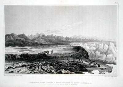 Veneiden vesillelasku riutta vastapäätä Conybeare-vuorta, 1823 julkaistusta Sir John Franklinin (1786-1847) Tarina matkasta Napameren rannoille vuosina 1819-1822. -28 (värikaiverrus) tekijältä George (after) Back