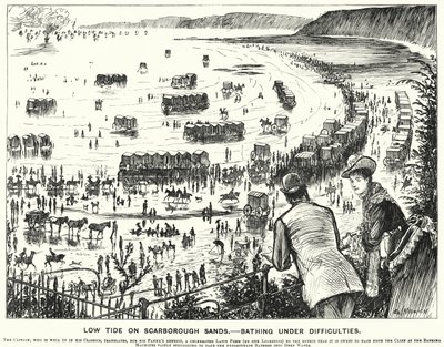 Punch-sarjakuva: Laskuvesi Scarborough Sandsilla - Uiminen vaikeuksissa (kaiverrus) tekijältä George (after) Du Maurier