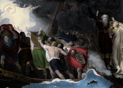 Prospero ja Miranda, oikeassa, seisovat saarella, kun merimiehet haaksirikkoutuvat tekijältä George (after) Romney