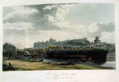 Windsorin linnan pohjoisrintama, "Royal Residences", kaiverrus Thomas Sutherland (s.1785), pub. Kirjailija: William Henry Pyne (1769-1843) tekijältä George (after) Samuel