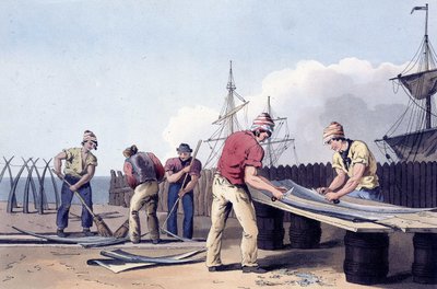 Kalastajia raapimassa ja puhdistamassa valaiden jäännöksiä elokuvasta "The costume of Yorkshire", kaiverrettu Robert Havell (1769-1832)1814 (litografia). tekijältä George (after) Walker