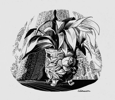 Aspidistra in a Bowl, 1950 (intialainen muste kaavinlevyllä) tekijältä George Adamson