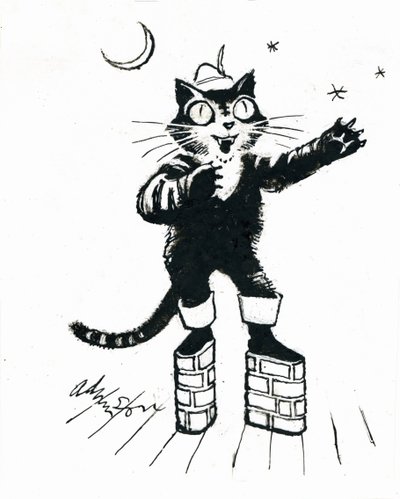 Puss in (tiiliseinämäinen alusta) saappaat (mustetta läpinäkyvälle valkoiselle kortille) tekijältä George Adamson