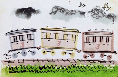 The Steam Train, osa II, 1952 (intialainen muste ja kynä ja pesu paperille) tekijältä George Adamson