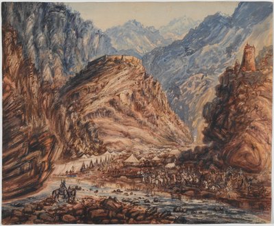 Ali Musjeedin linnake, kenraalimajuri Pollockin joukkojen 4. prikaatin Khyber Pass -leiri, huhtikuu 1842 (akvarelli) tekijältä George Alfred Croly