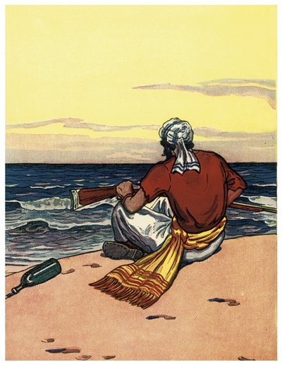 Merirosvo hylkäämässä autiolla saarella katselee horisonttiviivaa Kuvitus George Albert Williamsin (1875-1932) teoksesta "The Boys Books of Pirates" 1914 tekijältä George Alfred Williams