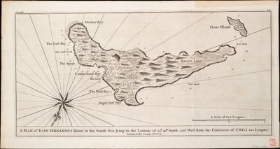 Suunnitelma Iuan Fernandesin saaresta Etelämerellä, joka sijaitsee 33d. leveyspiirillä. 40 m. eteläistä pituutta ja 110 peninkulmaa Chilin mantereesta länteen, noin 1750 (kaiverrus). tekijältä George Anson