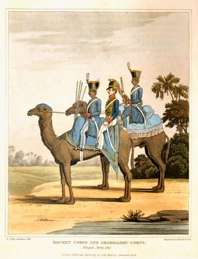 Rocket Corps and Dromedary Corps, Bengal Army 1817, julkaisusta "Journal of a Route Across India and Through Egypt", kaiverrus R. Havell ja Son, pub. Kirjailija: John Murray, 1819 tekijältä George Augustus Fitzclarence
