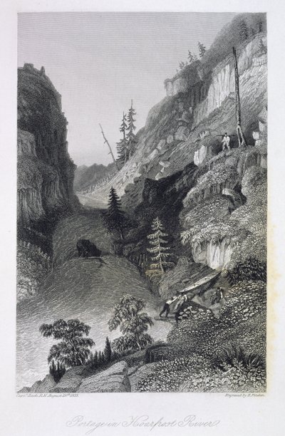 Portage in Hoarfrost River, 19. elokuuta 1833, "Kertomus Arctic Land Expedition to the Mouth of Great Fish River and Along the Shores of the Arctic River in the Years 1833-35", kirjoittaja Cap tekijältä George Back