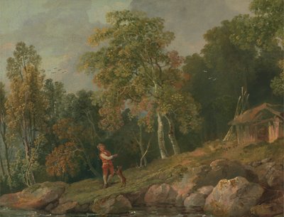 Metsäinen maisema pojan ja koiransa kanssa tekijältä George Barret