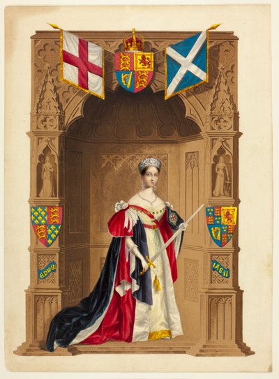 Hänen Majesteettinsa kuningatar Victoria, jota kutsutaan myös kuningatar Victoriaksi Garter-ritarikunnan suvereenina tekijältä George Baxter