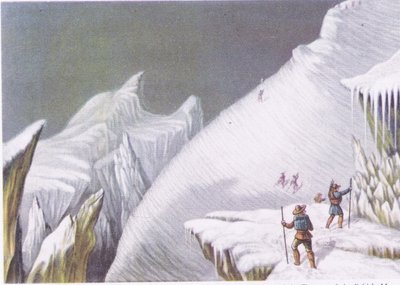 Mont Blancin nousun vaiheet, Collinsin julkaisemasta British Adventure -lehdestä, 1947. tekijältä George Baxter