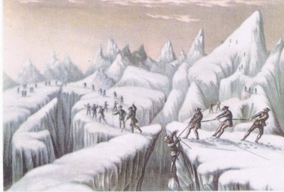 Mont Blancin nousun vaiheet, Collinsin julkaisemasta British Adventure -teoksesta, 1947. tekijältä George Baxter