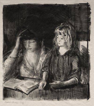 Rouva Bellows lukee tyttärelleen Annelle tekijältä George Bellows