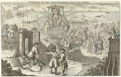 Euroopan nykytila, 1742 Kuva Euroopan nykytilasta (otsikko esineessä) tekijältä George Bickham (II)