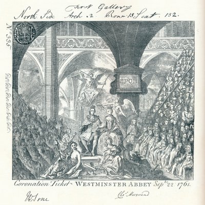 Kaiverrettu lippu George III:n kruunausseremoniaan Westminster Abbeyssa 1761 1906 tekijältä George Bickham