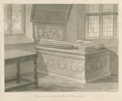 Ellastonen kirkko - Sir John Fleetwoodin muistomerkki: seepiapiirros, 1841 tekijältä George Buckler