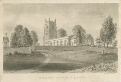 Ellastonen kirkko: seepiapiirros, 1841 tekijältä George Buckler