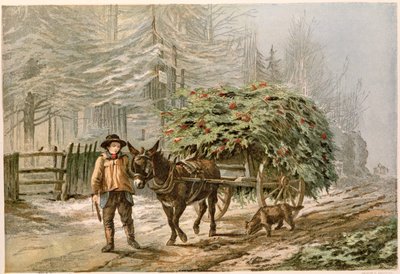 Poika johtaa aasia ja kärryjä, viktoriaaninen joulukortti kromoliitti tekijältä George C. Leighton
