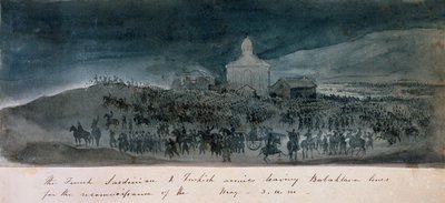 Ranskan, Sardinian ja Turkin armeijat lähtevät Balaklava-linjoista tiedustelulle, n. 1854 tekijältä George Cadogan