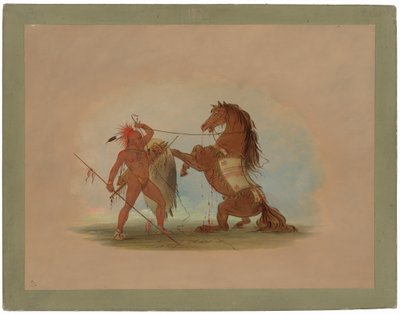 Pawnee-soturi uhraamassa suosikkihevosensa tekijältä George Catlin