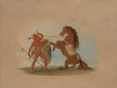 Pawnee-soturi uhraamassa suosikkihevosensa, 18611869. tekijältä George Catlin