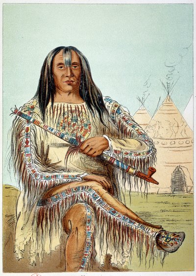 Amerikan intiaanit: Muotokuva mustajalka-heimon johtajasta (mustajalkainen) noin 50-vuotias. Kuvitus George Catlin (1794-1872) tekijältä George Catlin