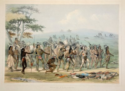 Mandanien jousiammunta, pubi. 1845 värilitografia. tekijältä George Catlin