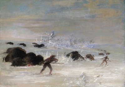 Assiniboine-intiaanit jahtaavat puhvelia lumikengillä tekijältä George Catlin