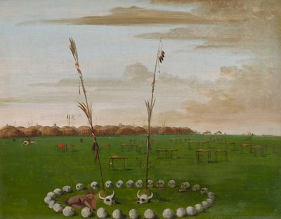 Takanäkymä Mandanin kylästä, jossa näkyy hautausmaa, 1832. tekijältä George Catlin