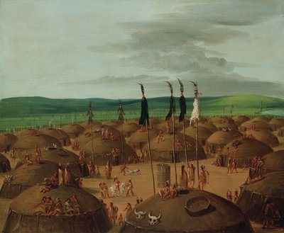 Mandan-kylä 1800 mailia St. Louisin yläpuolella lintuperspektiivistä katsottuna tekijältä George Catlin