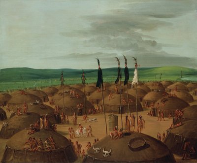 Lintuperspektiivinäkymä Mandanin kylään, 1800 mailia St. Louisin yläpuolella, 1837-1839. tekijältä George Catlin